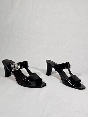 ITALY Vintage Y2K BRIGHTON Black Patent Leather "Rouge" Buckle Heel Sandal Sz 8M